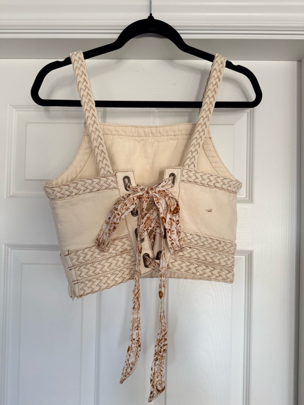 Anthropologie Cream Braided-Trim Tie-Back Crop Top - Picture 2 of 4